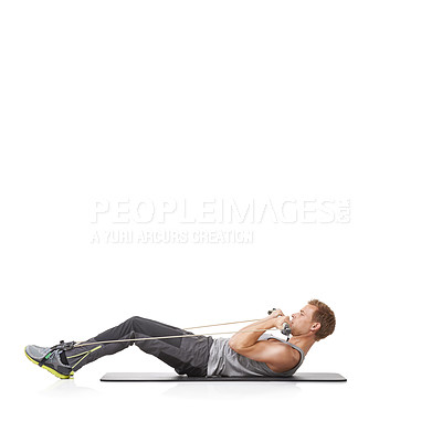 Buy stock photo Exercise, man and resistance band with fitness, energy or wellness isolated on white studio background. Mockup space, person or model with workout, health or progress with cardio, crunch or endurance