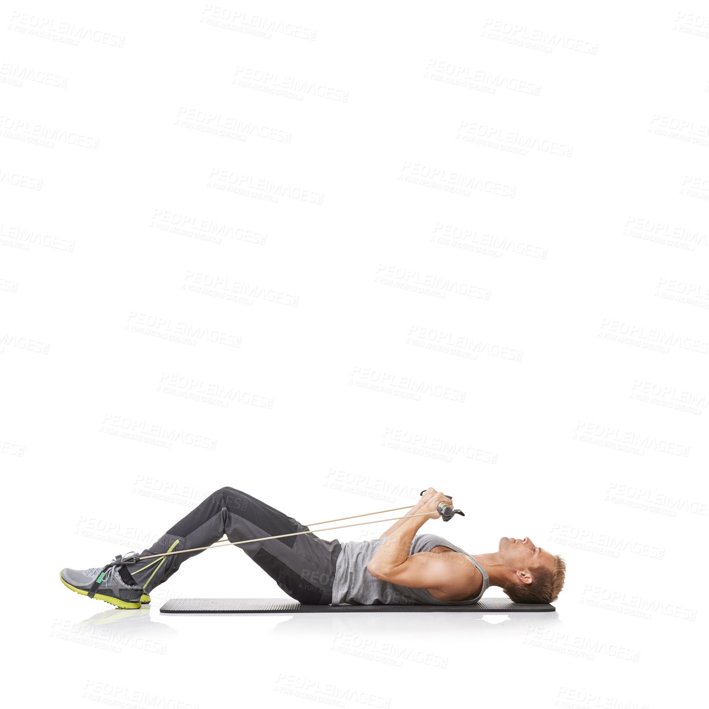 Buy stock photo Exercise, man and resistance band with fitness, workout or wellness isolated on white studio background. Mockup space, person or model with core training, healthy or progress with energy or endurance