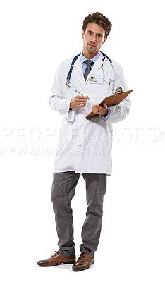 Buy stock photo Full length studio portrait of a serious-looking young medical professional holding a clipboard