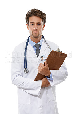 Buy stock photo Doctor, portrait and studio with clipboard, serious and pride with healthcare information with medicine notes. Specialist, man and face for health insurance, consultant and trust by white background