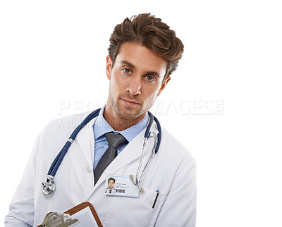Buy stock photo Medical, doctor or portrait in studio in pride or confident in healthcare career as surgeon in mockup. Specialist, face or man or medicine reputation in service, results or trust by white background