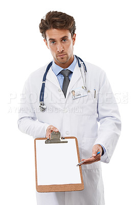 Buy stock photo Doctor, man or portrait in studio by clipboard and diagnosis in healthcare administration in mockup. Specialist, face and serious in medicine checklist, script and life insurance by white background