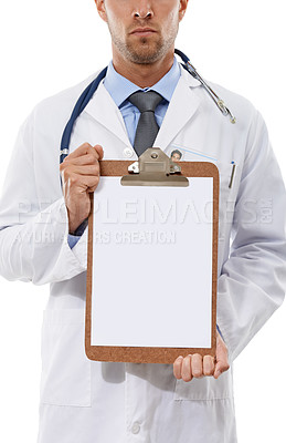 Buy stock photo Cropped shot of the  midsection of a doctor holding a blank clipboard