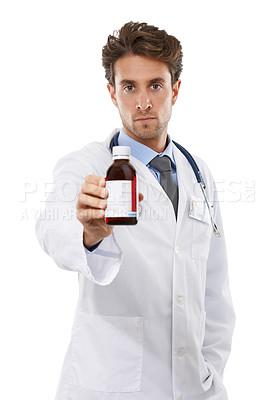 Buy stock photo Doctor, man and medicine in studio for advice, prescription medication and consultant in pharmaceuticals. Pharmacist, face or otc syrup in healthcare support, bottle or drugs help by white background