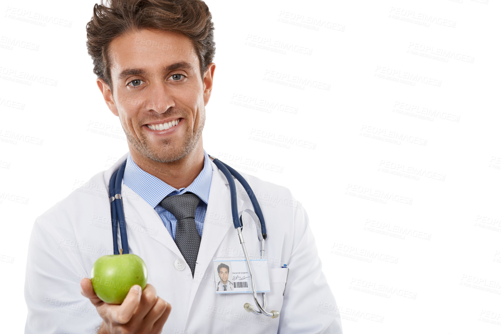 Buy stock photo Portrait, smile and apple with a man doctor in studio isolated on a white background for diet or nutrition. Food, healthcare or medical and a happy young medicine professional with a green fruit