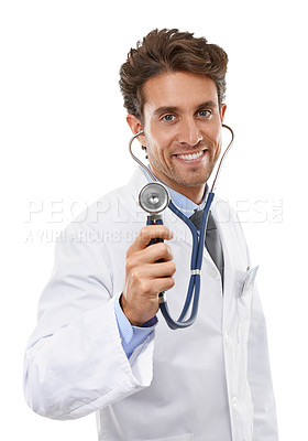 Buy stock photo Studio portrait of a young doctor holding up his stethoscope to the camera
