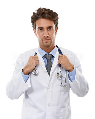 Buy stock photo Doctor, man and portrait in studio with stethoscope, positive and pride in medical career. Specialist, smile and face of surgeon for medicine and healthcare employee for trust by white background