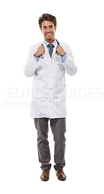 Buy stock photo Doctor, happy and portrait in studio by stethoscope, positive and pride in medical career. Specialist, smile face and man as medicine consultant and healthcare employee for trust by white background