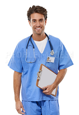 Buy stock photo Studio portrait of a young doctor holding a clipboard