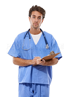 Buy stock photo Man, doctor and portrait with documents in studio for medical checklist, assessment and consultation. Professional or healthcare nurse writing notes with clipboard for services on a white background