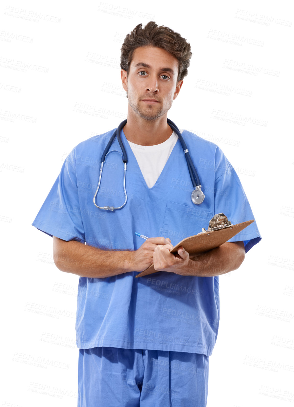 Buy stock photo Man, doctor and portrait with documents in studio for medical checklist, assessment and consultation. Professional or healthcare nurse writing notes with clipboard for services on a white background