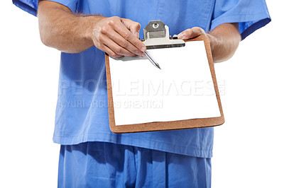 Buy stock photo Doctor, man and hands in studio by clipboard and surgery checklist for healthcare administration. Surgeon, consulting and signature paper with mockup and life insurance in trust by white background