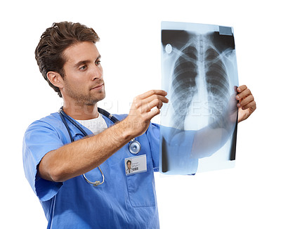 Buy stock photo Doctor, xray analysis and radiology results in studio for healthcare research, assessment or solution. Professional radiologist or expert with medical exam for anatomy and bone on a white background