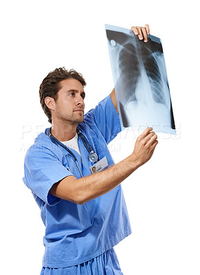 Buy stock photo Doctor, man and radiologist by xray in studio, surgery analysis and chest chart for thinking in mockup. Specialist, planning and lungs radiograph for asthma disease and ribs mri by white background