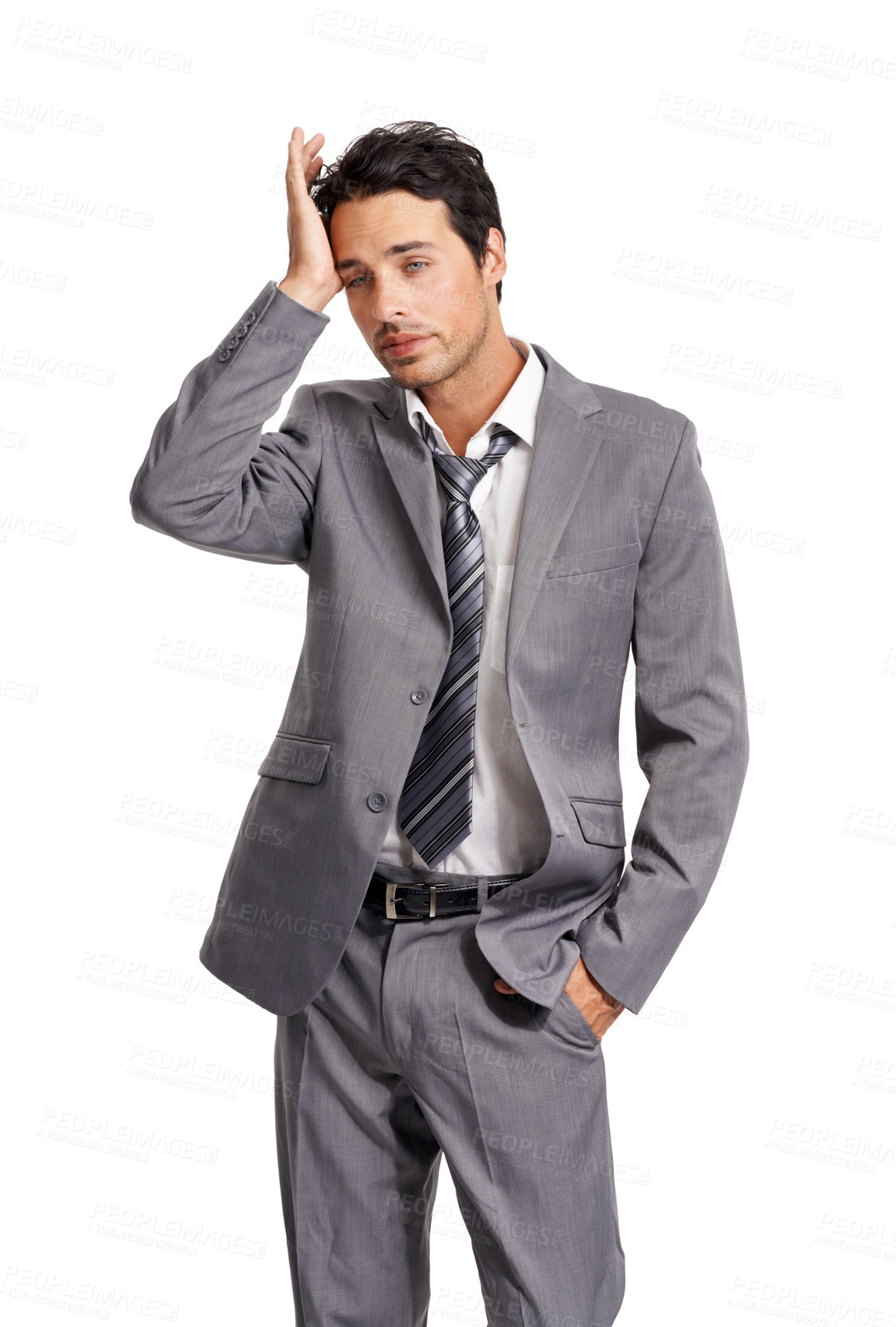 Buy stock photo Business man, headache and tired in studio for stress, vertigo and risk of bankruptcy on white background. Sad corporate worker with fatigue, burnout and thinking of mistake, debt crisis or challenge