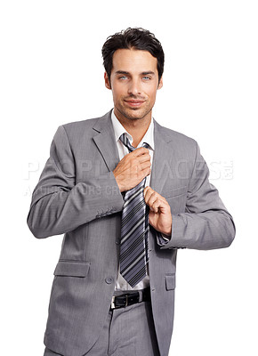 Buy stock photo Business man, portrait and fixing tie in studio for corporate fashion, professional clothes and isolated on white background. Employee getting ready in suit for job interview with confidence in style