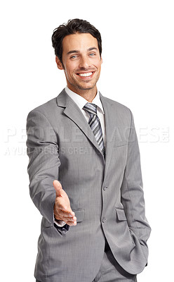 Buy stock photo Business man, portrait and offer handshake in studio for welcome, recruitment and introduction on white background. Happy worker shaking hands for networking, HR deal and thank you for b2b agreement