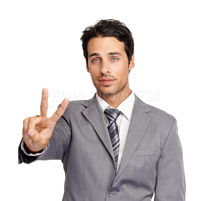 Buy stock photo Portrait, business man and sign of peace in studio for winning, vote and celebrate achievement on white background. Corporate worker show v icon, emoji and thank you for support, review and feedback