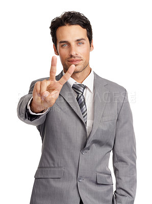 Buy stock photo Peace sign, business man and portrait in studio for winning, vote and victory of achievement on white background. Corporate worker show v icon, emoji and thank you for feedback, review and support 