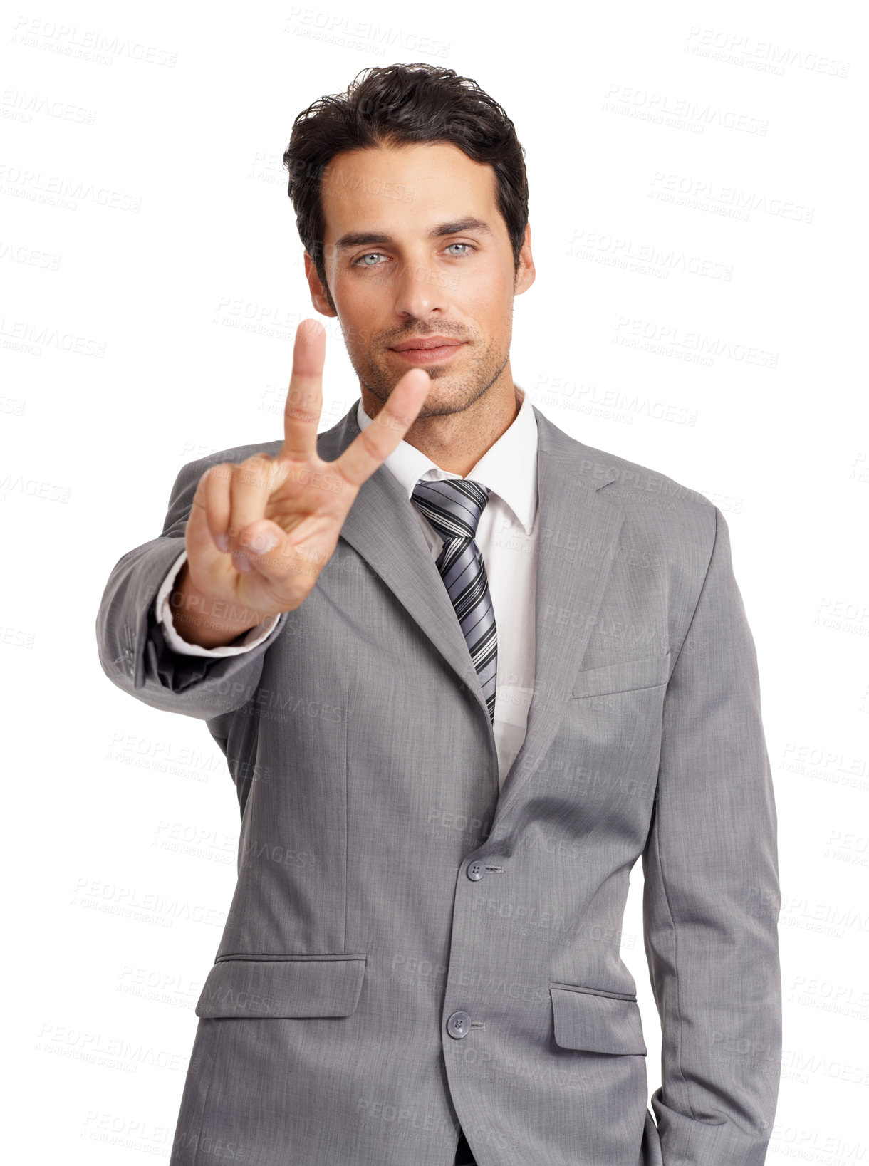 Buy stock photo Peace sign, business man and portrait in studio for winning, vote and victory of achievement on white background. Corporate worker show v icon, emoji and thank you for feedback, review and support 