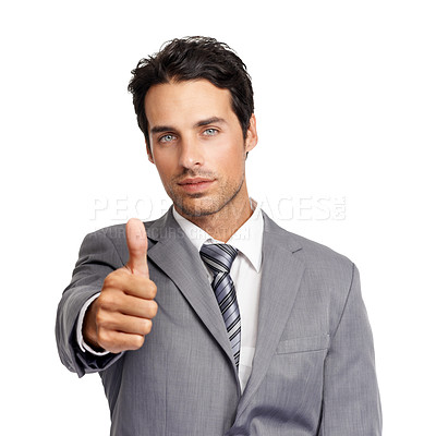 Buy stock photo Thumbs up, portrait and business man in studio for success, winning deal and achievement on white background. Serious employee, emoji sign and like for feedback, certified vote and support excellence