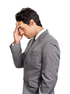 Buy stock photo Business man, pain and headache in studio for burnout, stress and risk of bankruptcy on white background. Profile, tired and frustrated worker with vertigo, corporate crisis and challenge of mistake 