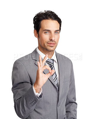 Buy stock photo Ok, hands and portrait of business man in studio for vote, review and yes feedback on white background. Corporate worker show okay for success, agreement icon and sign of support, emoji or excellence