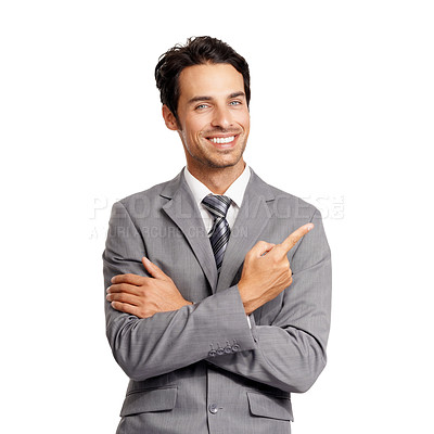 Buy stock photo Portrait, happy business man and pointing in studio to announcement, promotion and mockup feedback on white background. Corporate worker show presentation of deal, advertising choice and information 