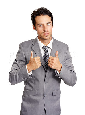 Buy stock photo Thumbs up, business man and portrait in studio for achievement, winning deal or support victory on white background. Corporate worker, like emoji and yes sign of feedback, vote or certified agreement