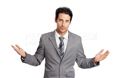 Buy stock photo Confused, portrait and business man with why hands in studio for solution on white background. Questions, face and male entrepreneur with ask emoji, gesture or body language for palm scale balance