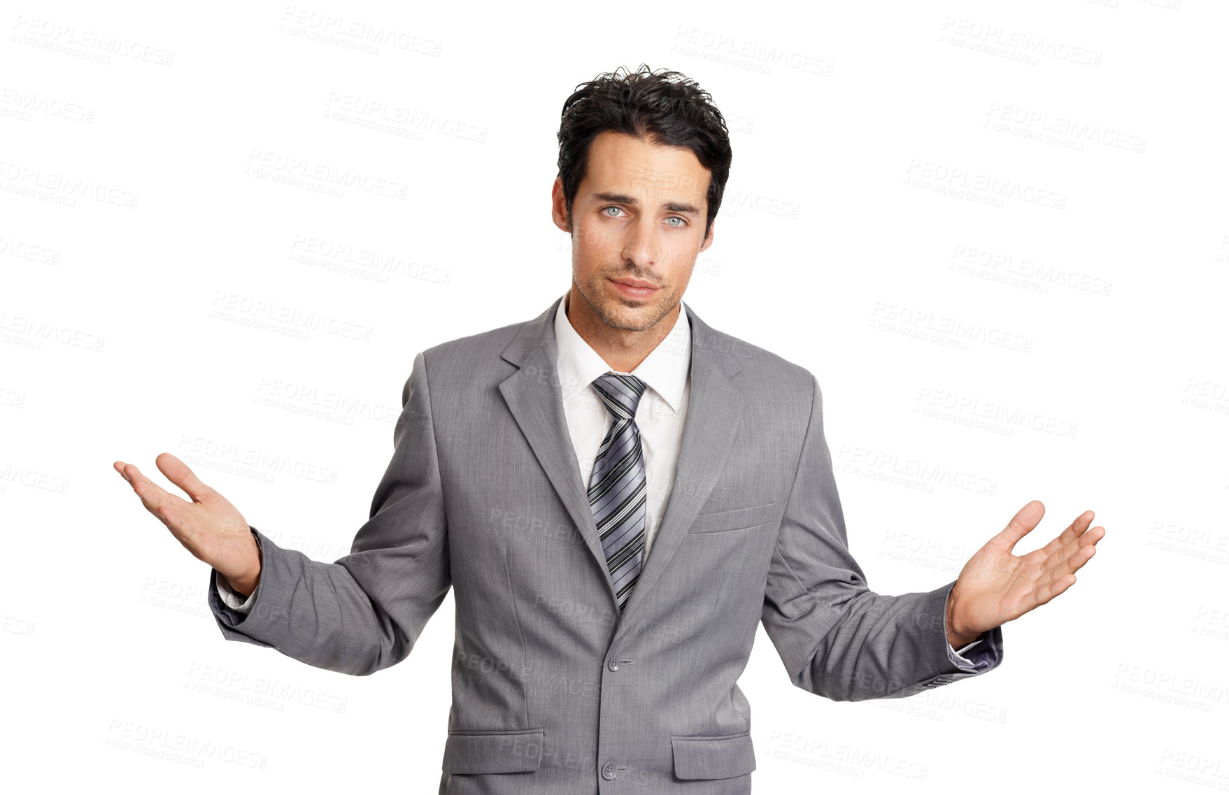 Buy stock photo Confused, portrait and business man with why hands in studio for solution on white background. Questions, face and male entrepreneur with ask emoji, gesture or body language for palm scale balance