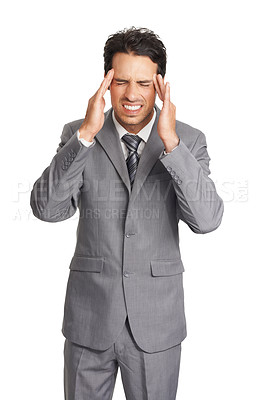 Buy stock photo Stress, headache and business man in studio for mistake, disaster or crisis on white background. Anxiety, face or guy entrepreneur with temple massage for vertigo, tension or overwhelmed by brain fog
