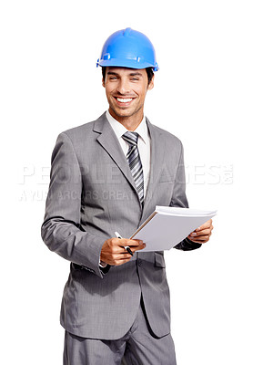 Buy stock photo Construction, man and portrait with documents in studio for project management, planning information and engineering on white background. Happy contractor, inspector and paperwork for architecture 