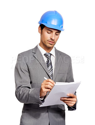 Buy stock photo Construction, man and writing notes in studio for project management, planning architecture and engineering checklist on white background. Corporate contractor, manager and inspection paper documents