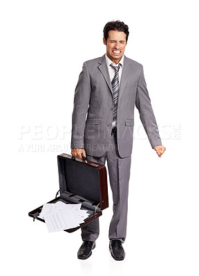 Buy stock photo Stress, angry and business man with briefcase fail in studio frustrated on white background. Burnout, pressure and male entrepreneur by crisis, disaster or overwhelmed by deadline  or report mistake