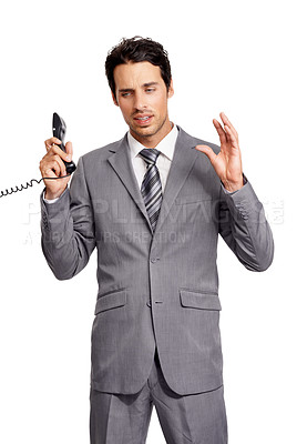 Buy stock photo Telephone call, frustrated business man and stress, wrong or argument isolated on a white studio background. Landline, problem and professional listen, communication and fail in negotiation mistake