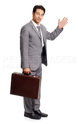 Buy stock photo Portrait, hello and business man with briefcase in studio isolated on a white background. Professional lawyer, wave and hand gesture for greeting, salute or goodbye of worker in suit on mockup space