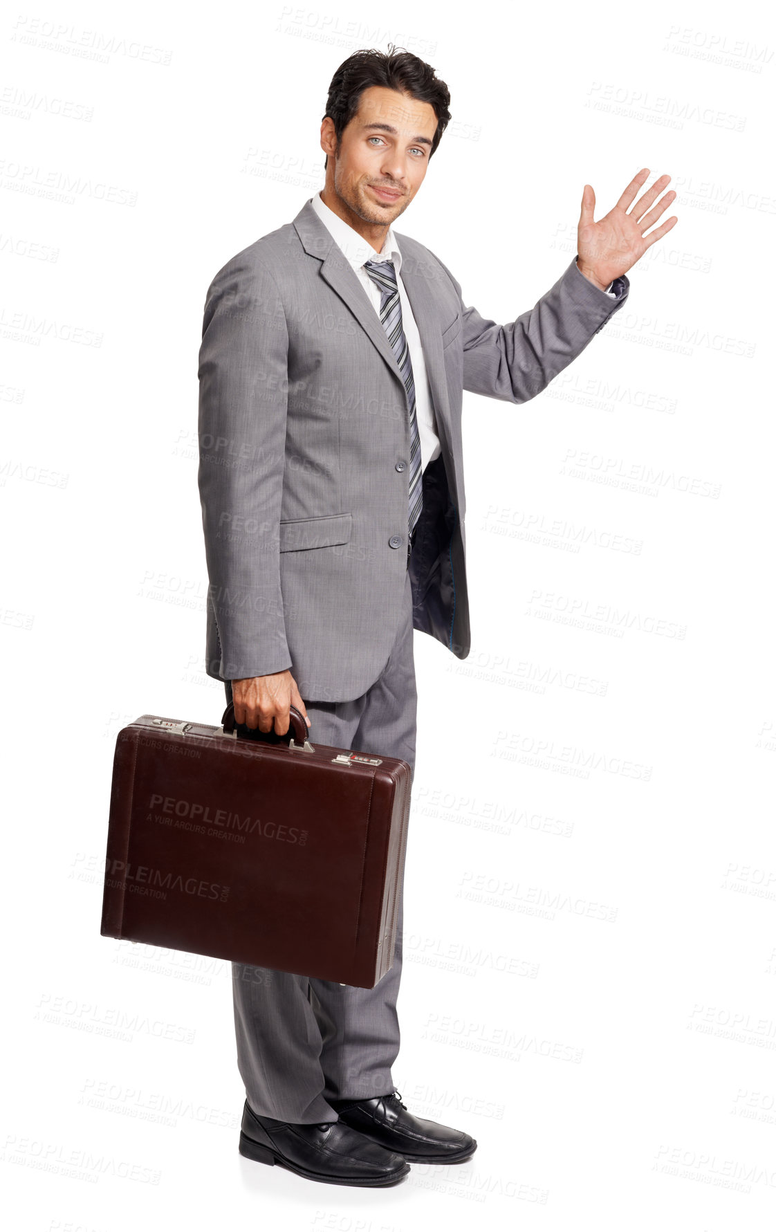 Buy stock photo Portrait, hello and business man with briefcase in studio isolated on a white background. Professional lawyer, wave and hand gesture for greeting, salute or goodbye of worker in suit on mockup space