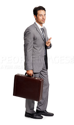 Buy stock photo Man, gesture and hand on briefcase for business in white background of studio with presentation. Businessman, pointing and cool greeting with bag in corporate, work or professional entrepreneur 