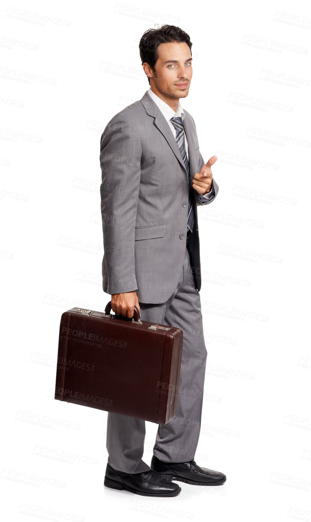 Buy stock photo Man, gesture and hand on briefcase for business in white background of studio with presentation. Businessman, pointing and cool greeting with bag in corporate, work or professional entrepreneur 