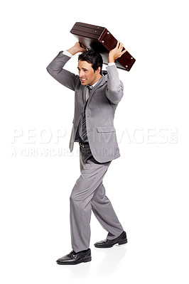 Buy stock photo Angry, stress and business man with briefcase throw in studio frustrated on white background. Burnout, pressure and male entrepreneur with crisis, disaster or overwhelmed by deadline, mistake or fail
