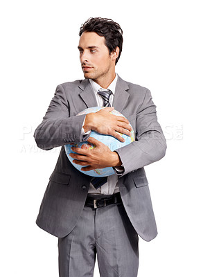 Buy stock photo Business man hug globe, earth day or world for future corporate travel isolated on white studio background. Person embrace planet map for geography, environment conservation in ecology or protection