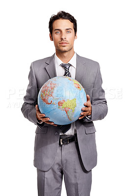 Buy stock photo Portrait, business man and globe, planet or worldwide travel agent isolated on a white studio background. Vacation, professional suit and earth map for geography, international journey and serious