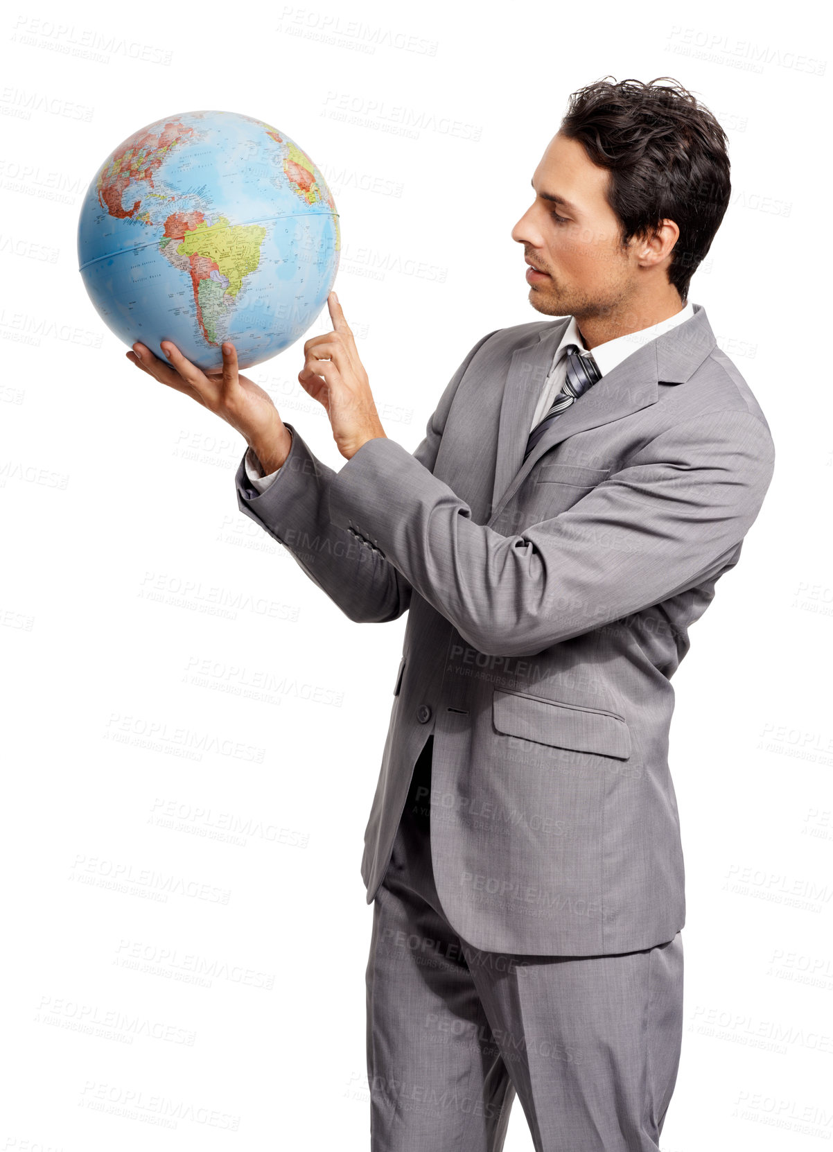Buy stock photo Business man on globe, choice to travel or worldwide destination isolated onwhite studio background. Vacation, professional suit and agent pointing at earth map for geography or international journey