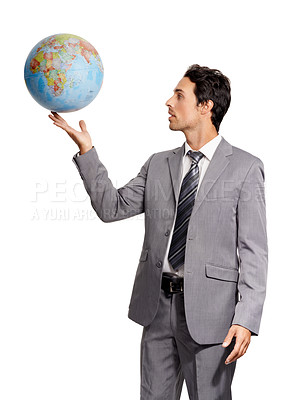 Buy stock photo Business man with globe, planet or earth isolated on a white studio background. Person in suit, world map and geography, environment conversation and future protection, ecology and sustainability