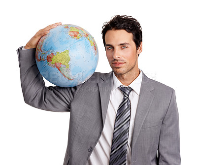 Buy stock photo Portrait, globe and travel with a business man in studio isolated on a white background for destination. Earth, map or atlas with a confident young corporate employee on an international world trip