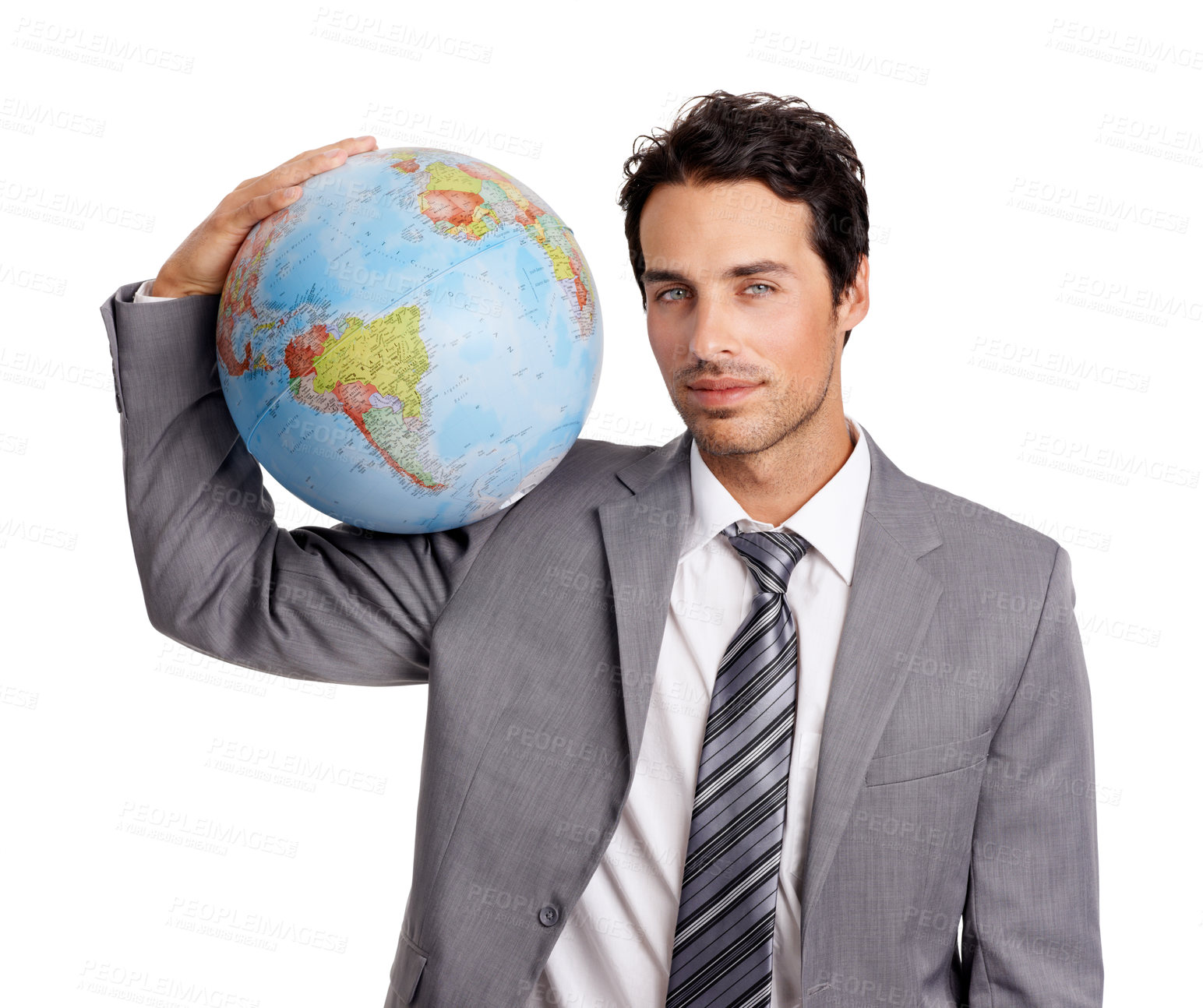 Buy stock photo Portrait, globe and travel with a business man in studio isolated on a white background for destination. Earth, map or atlas with a confident young corporate employee on an international world trip