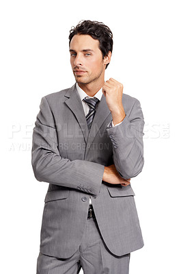 Buy stock photo Thinking, portrait and business man in studio with questions on white background. Doubt, face and male entrepreneur with asking body language, waiting or wondering about solution and problem solving 