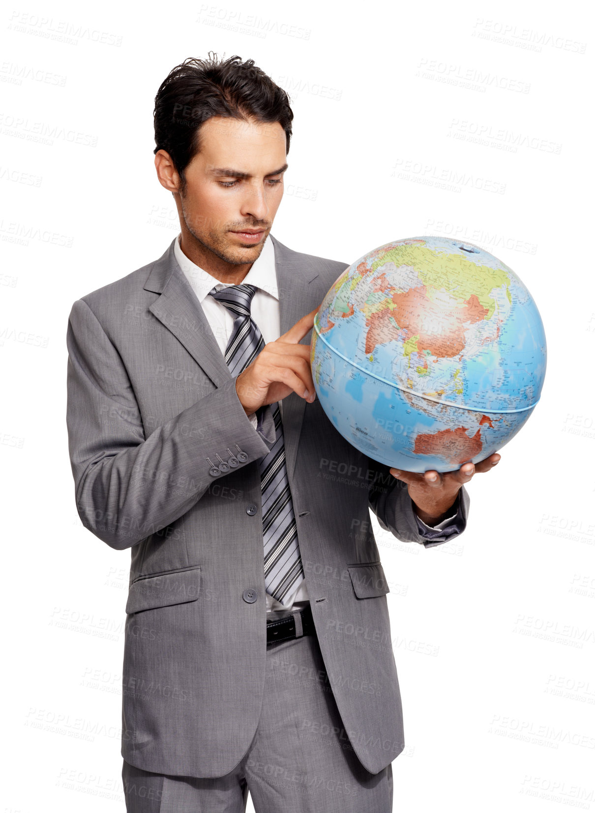 Buy stock photo Travel, business man and globe, earth or worldwide destination isolated on a white studio background. Agent, professional suit and planet map for geography, pointing and international journey choice