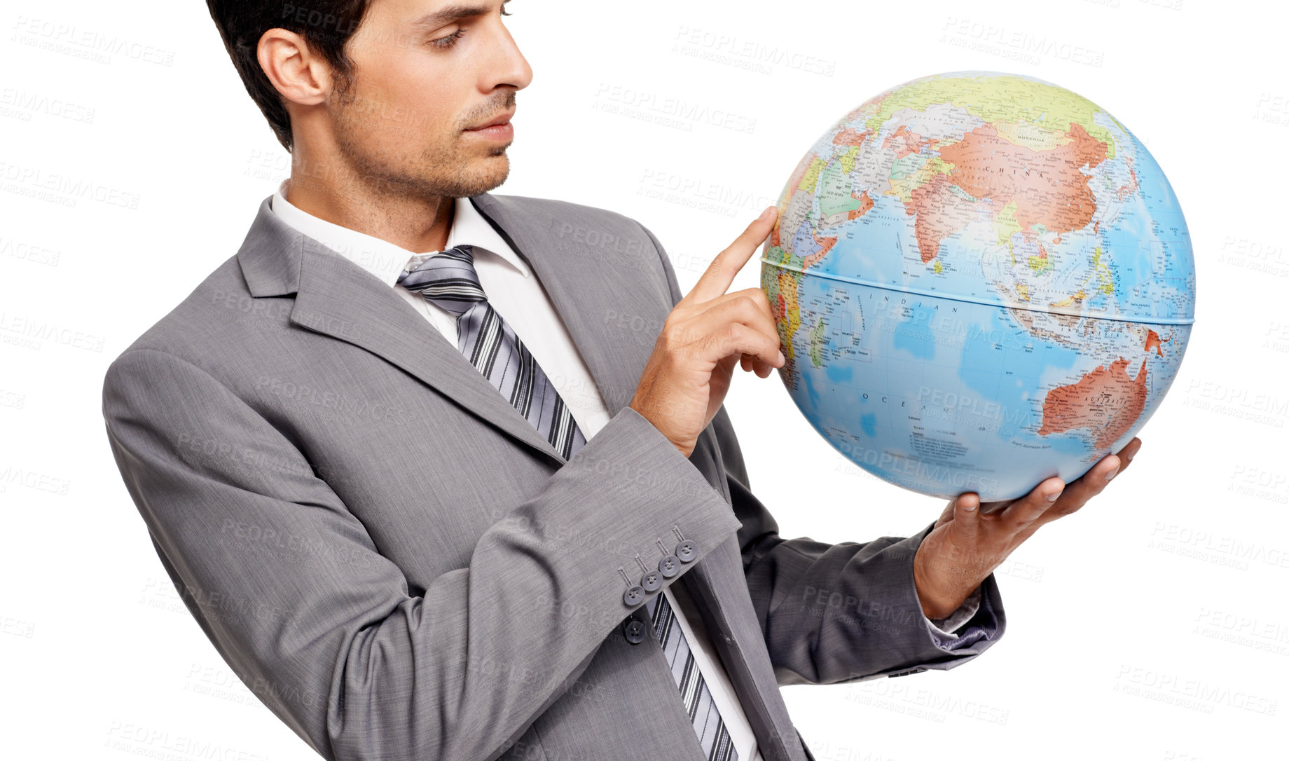 Buy stock photo Business man, globe and destination choice isolated on a white studio background. Agent, professional suit and planet map for geography, international travel or pointing at worldwide earth on journey